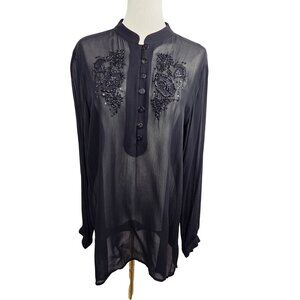 VTG Carole Little Black Sheer Tunic Sz 10 Button Yoke Beaded Floral Whimsigoth